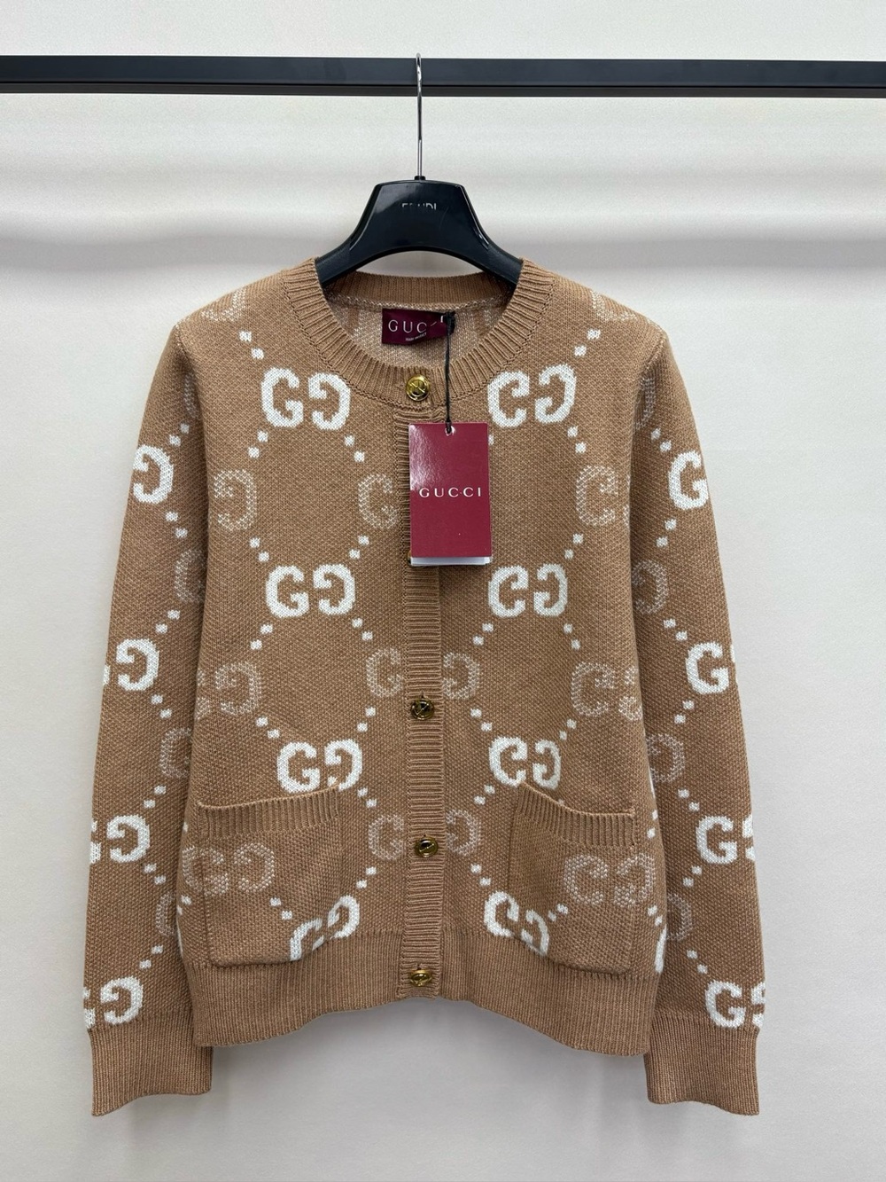 Gucci Camel White GG Monogram Jacquard Crew‑Neck Knit Cardigan